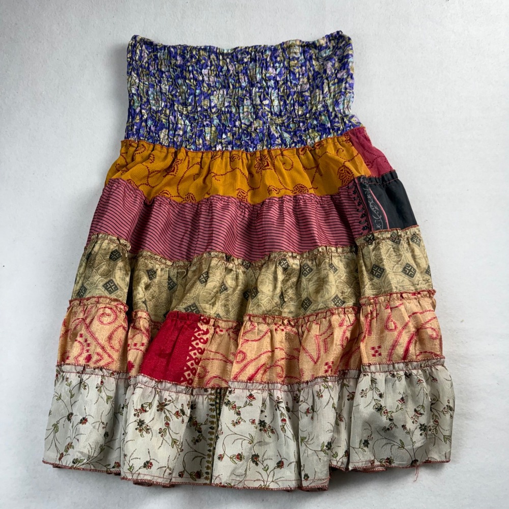 India Boutique Womens Boho‎ Patchwork Tiered Smocked Skirt Multi Color Free Size